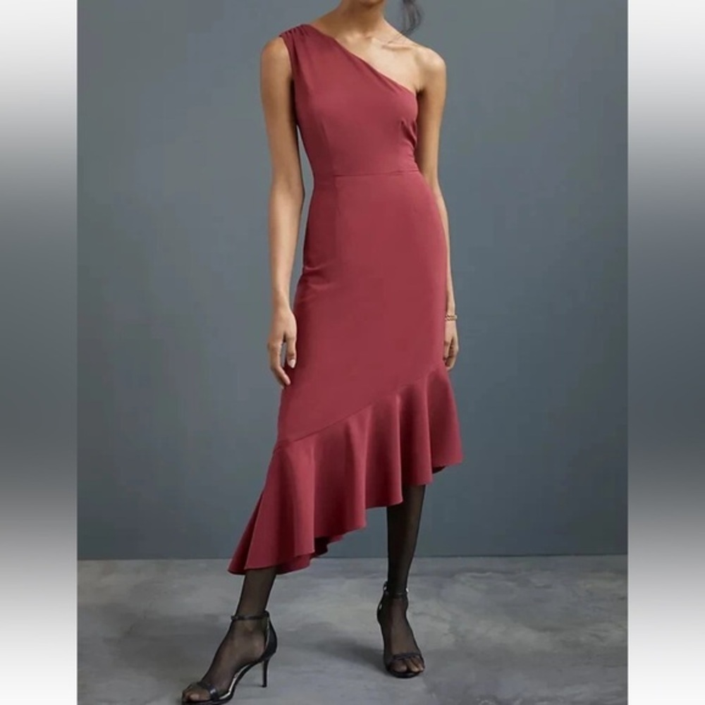 Anthropologie Hutch Slim One Shoulder Burgundy Maxi Dress Small Asymmetrical Hem
